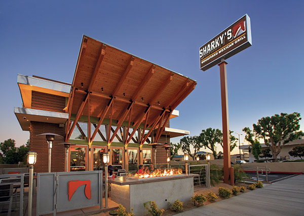 Sharky's Exterior with fire pit