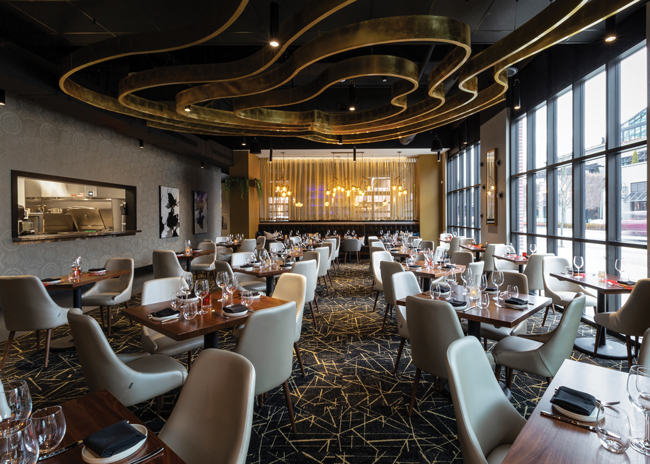 An abstract ceiling installation at Cut 132 resembles a cut steak.