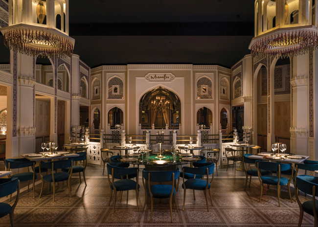 Glass windows, columns and inlay panels evoke Indian monuments inside Musaafer.  Image courtesy of Julie Soefer