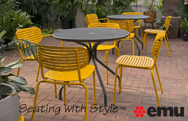 The Mom series from emuis a bright seating collection made of e-coated steel comprising of a side chair, armchair and barstool